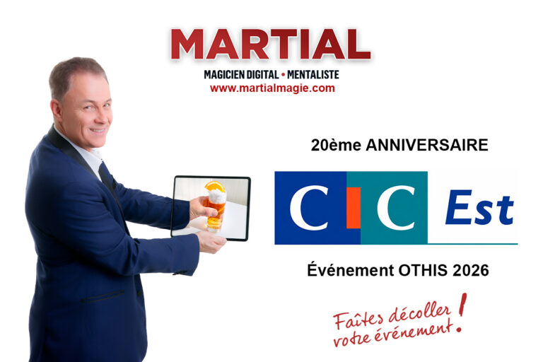 Magicien mentaliste MARTIAL lors du 20e anniversaire du CIC à Othis avec animation de magie digitale sur tablette